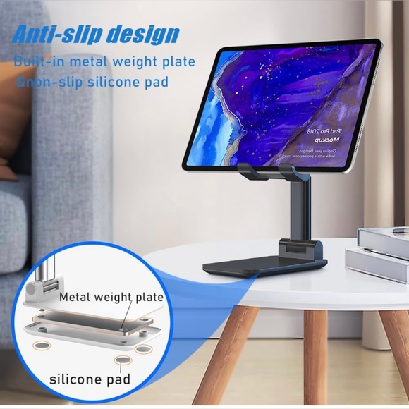 NIP ADJUSTABLE FOLDING WHITE DESKTOP CELL PHONE STAND WITH ANTI-SLIP BASE. - Picture 3 of 7